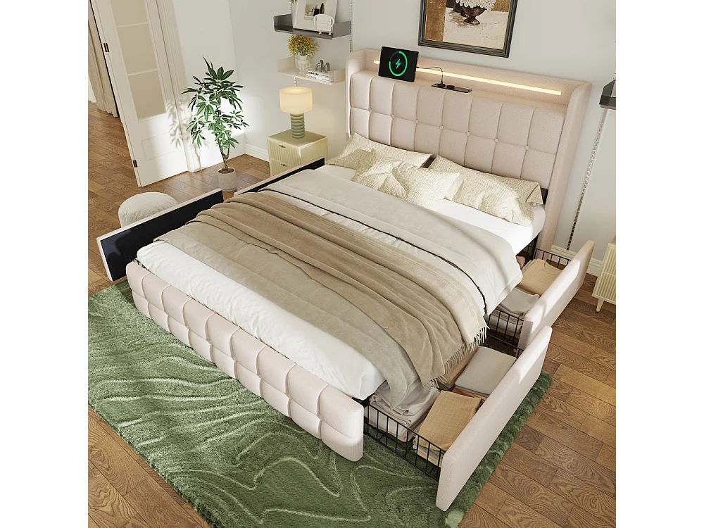 Cama Doble 140x200 cm Beige con USB, LED y 4 Cajones – Estilo Moderno Funcional