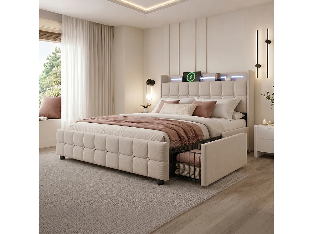 Cama Doble 140x200 cm Beige con USB, LED y 4 Cajones – Estilo Moderno Funcional