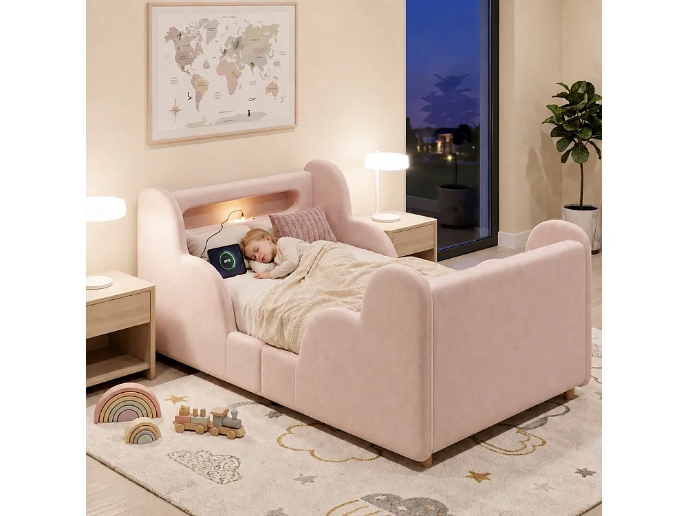 Lit enfant 90×200 cm lit rembourré velours rose avec barrière de protection, USB et veilleuse, bois massif, Montessori