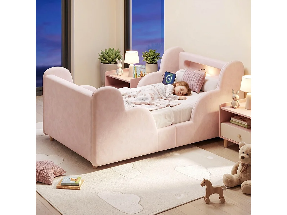 Lit enfant 90×200 cm lit rembourré velours rose avec barrière de protection, USB et veilleuse, bois massif, Montessori