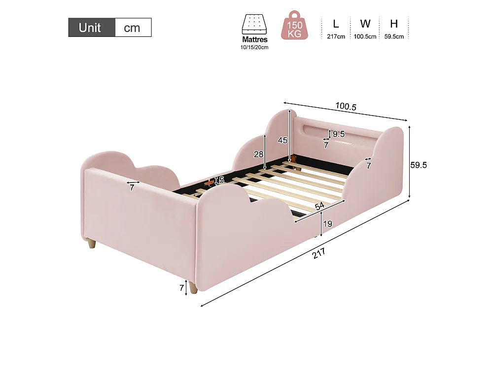 Lit enfant 90×200 cm lit rembourré velours rose avec barrière de protection, USB et veilleuse, bois massif, Montessori