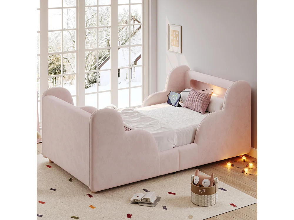 Lit enfant 90×200 cm lit rembourré velours rose avec barrière de protection, USB et veilleuse, bois massif, Montessori