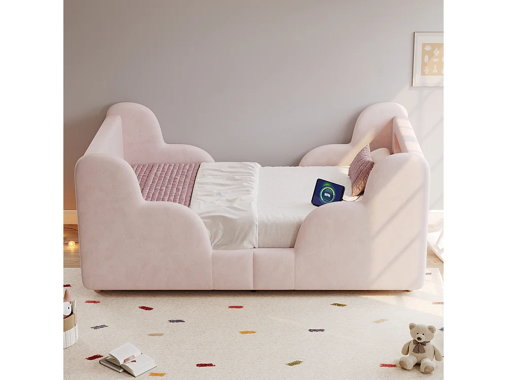 Lit enfant 90×200 cm lit rembourré velours rose avec barrière de protection, USB et veilleuse, bois massif, Montessori