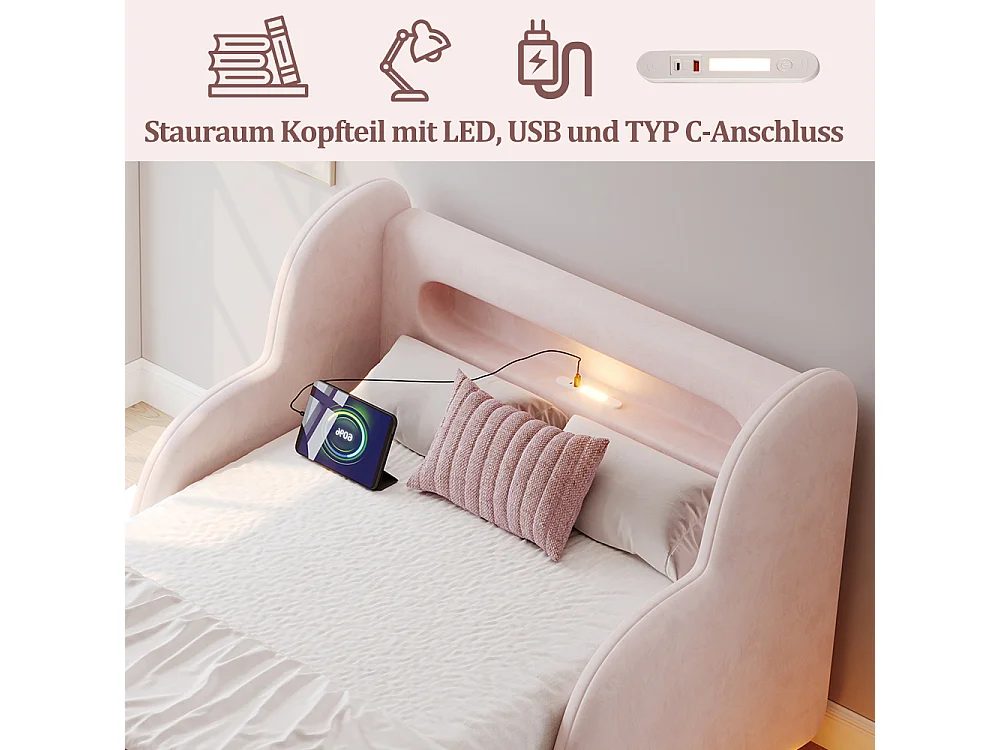 Lit enfant 90×200 cm lit rembourré velours rose avec barrière de protection, USB et veilleuse, bois massif, Montessori
