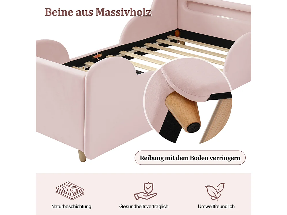 Lit enfant 90×200 cm lit rembourré velours rose avec barrière de protection, USB et veilleuse, bois massif, Montessori