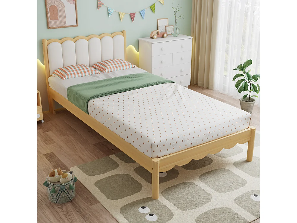 Cama infantil tapizada 90×200 PU cabecero diseño ondulado armazón madera maciza somier de láminas cama individual beige habitación infantil