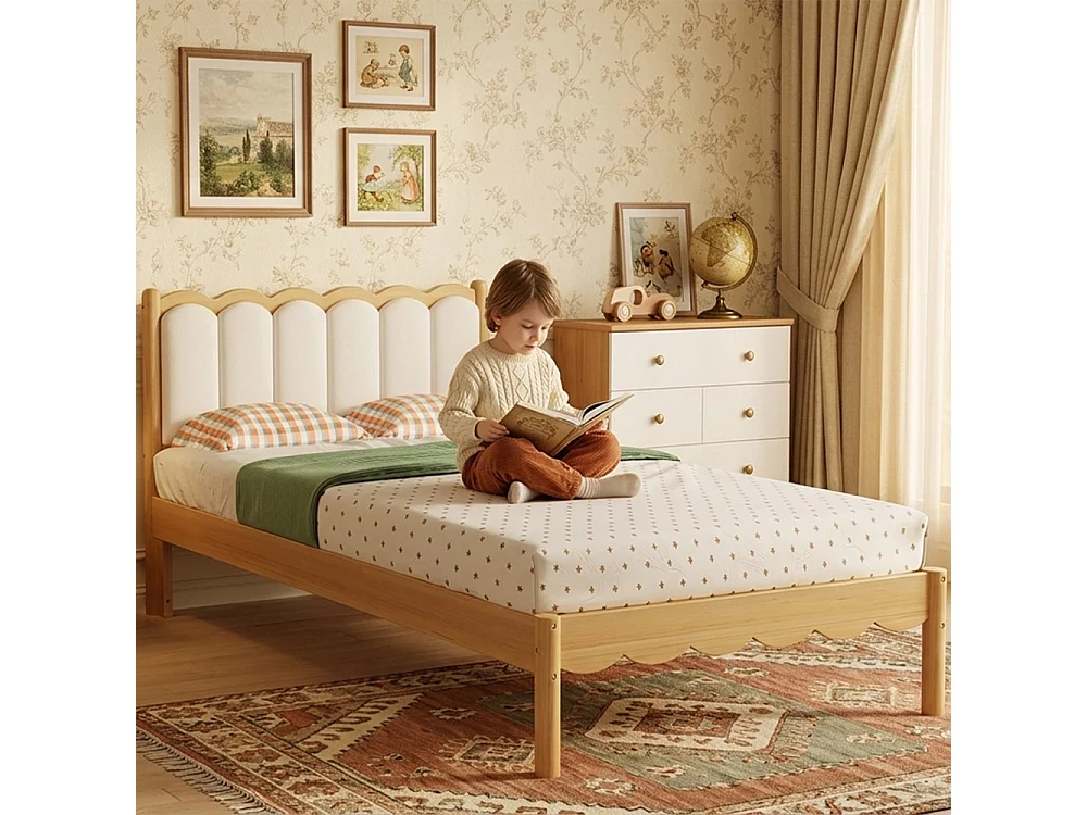 Cama infantil tapizada 90×200 PU cabecero diseño ondulado armazón madera maciza somier de láminas cama individual beige habitación infantil