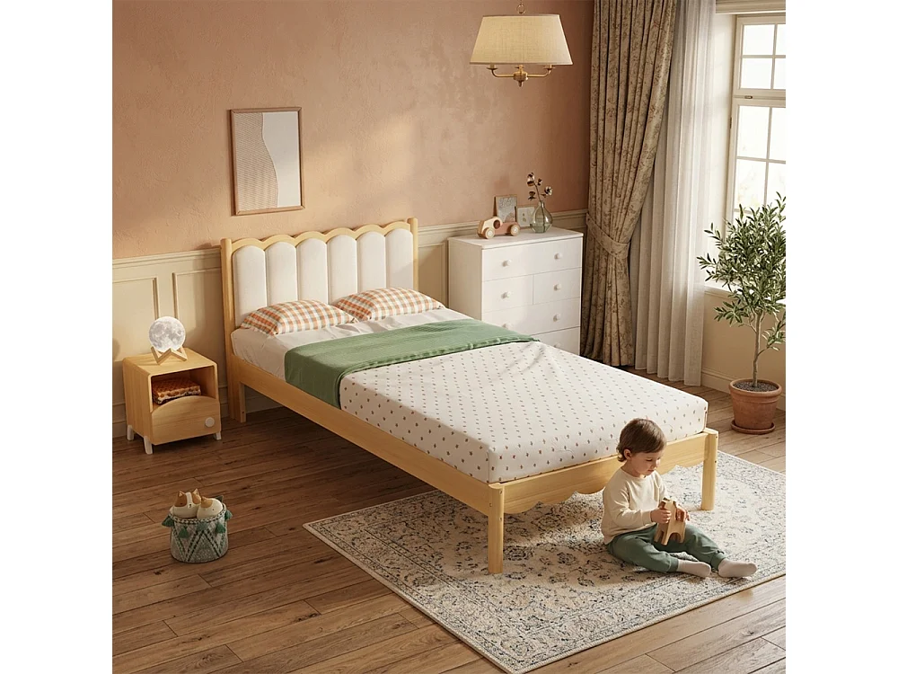 Cama infantil tapizada 90×200 PU cabecero diseño ondulado armazón madera maciza somier de láminas cama individual beige habitación infantil