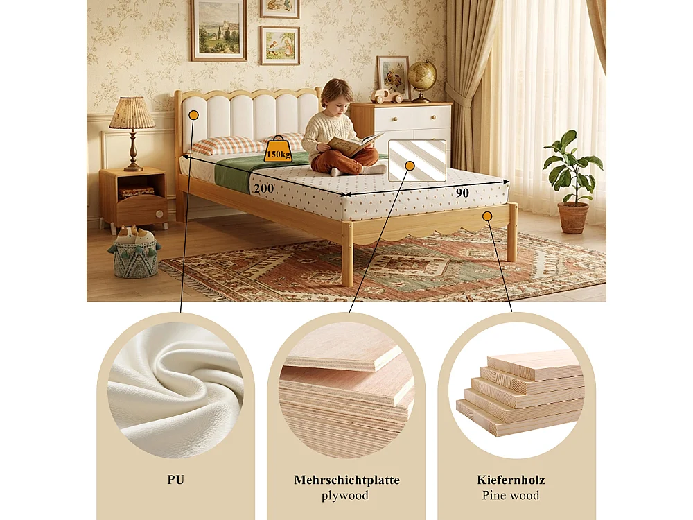 Cama infantil tapizada 90×200 PU cabecero diseño ondulado armazón madera maciza somier de láminas cama individual beige habitación infantil