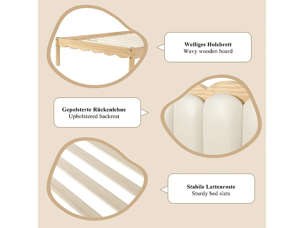 Cama infantil tapizada 90×200 PU cabecero diseño ondulado armazón madera maciza somier de láminas cama individual beige habitación infantil
