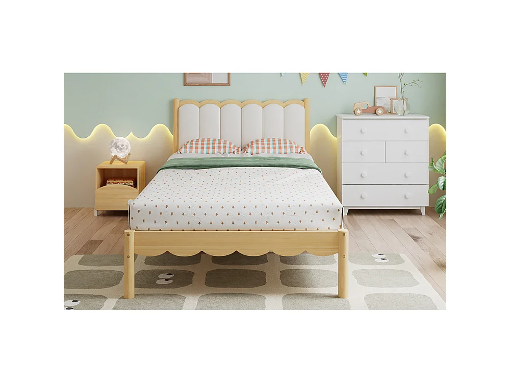 Cama infantil tapizada 90×200 PU cabecero diseño ondulado armazón madera maciza somier de láminas cama individual beige habitación infantil