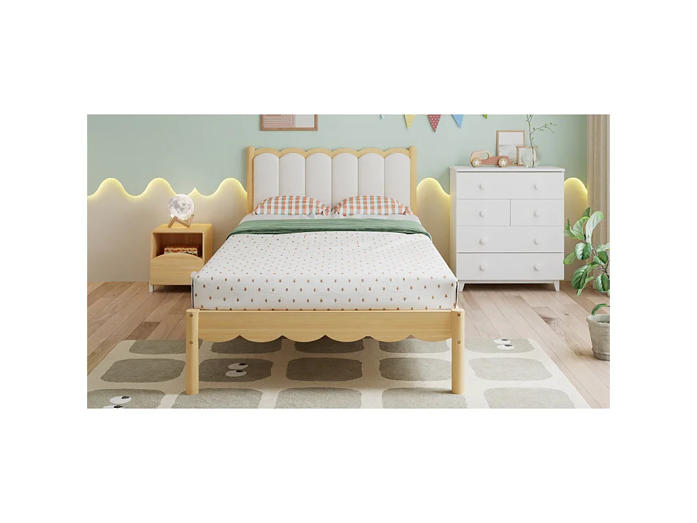 Cama infantil tapizada 90×200 PU cabecero diseño ondulado armazón madera maciza somier de láminas cama individual beige habitación infantil