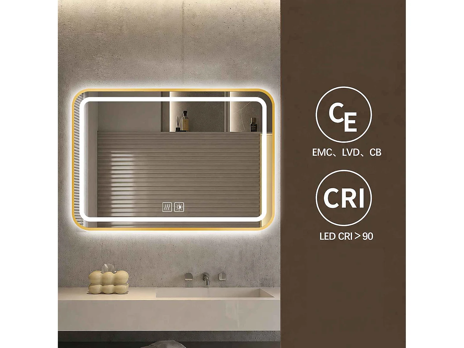 Badkamerspiegel met LED, 40 cm x 60 cm, licht verstelbaar in 3 kleuren en intensiteit, anticondens, rechthoekig, aanraakbediening