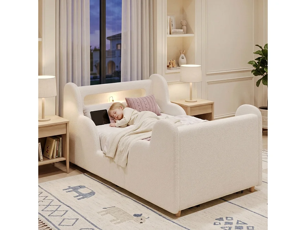 Lit enfant 90×200 cm lit rembourré bouclé beige avec barrière de protection, USB et veilleuse, bois massif, style Montessori
