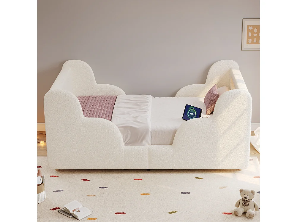 Lit enfant 90×200 cm lit rembourré bouclé beige avec barrière de protection, USB et veilleuse, bois massif, style Montessori