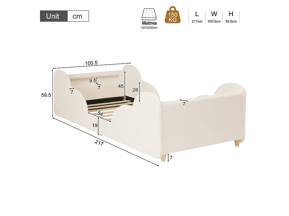 Lit enfant 90×200 cm lit rembourré bouclé beige avec barrière de protection, USB et veilleuse, bois massif, style Montessori