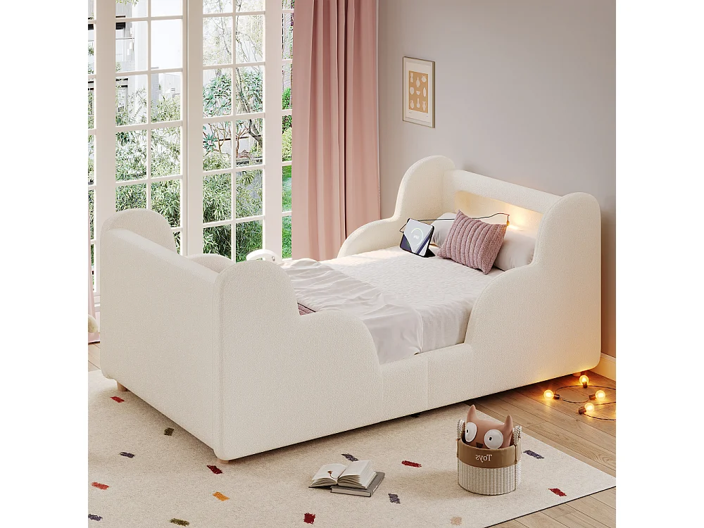 Lit enfant 90×200 cm lit rembourré bouclé beige avec barrière de protection, USB et veilleuse, bois massif, style Montessori