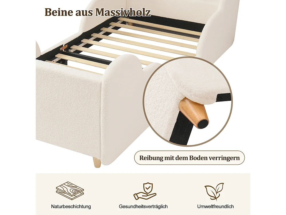 Lit enfant 90×200 cm lit rembourré bouclé beige avec barrière de protection, USB et veilleuse, bois massif, style Montessori