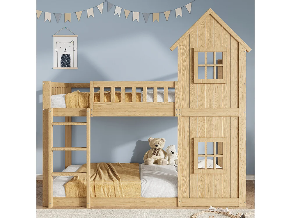 Litera infantil casa 90×200 pino y MDF – diseño lúdico, seguridad total y escalera integrada