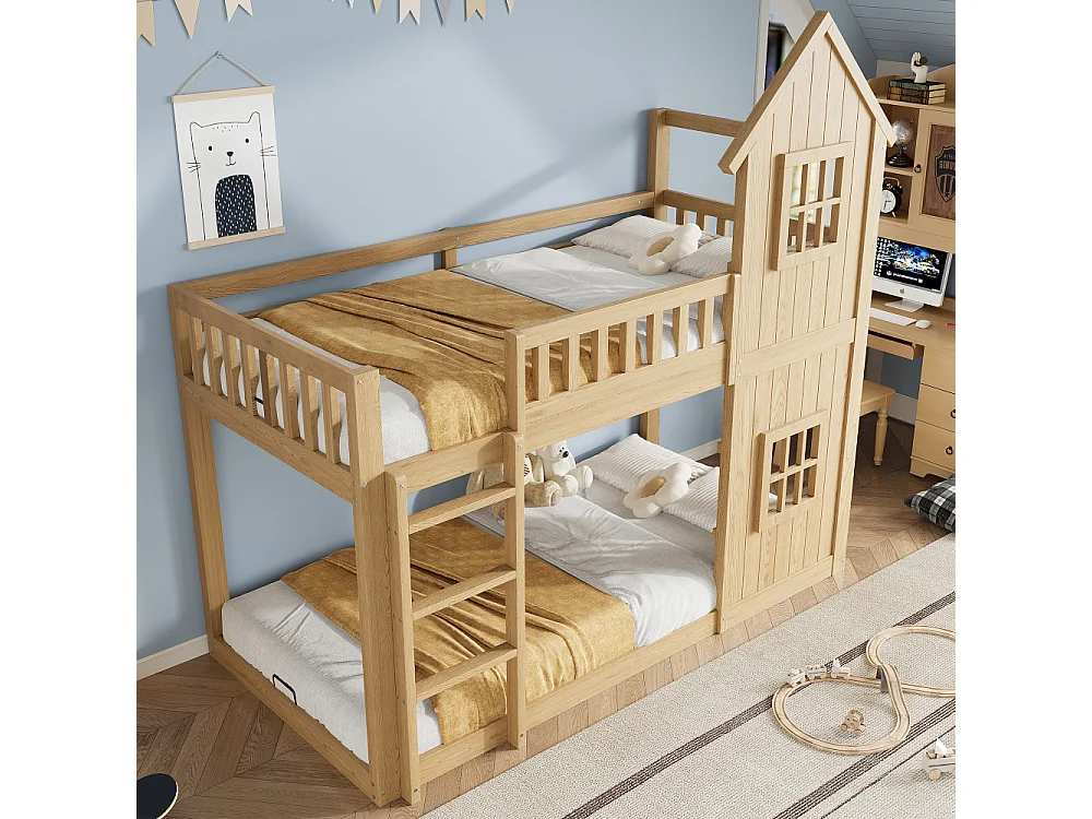 Litera infantil casa 90×200 pino y MDF – diseño lúdico, seguridad total y escalera integrada