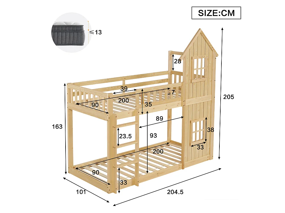Litera infantil casa 90×200 pino y MDF – diseño lúdico, seguridad total y escalera integrada