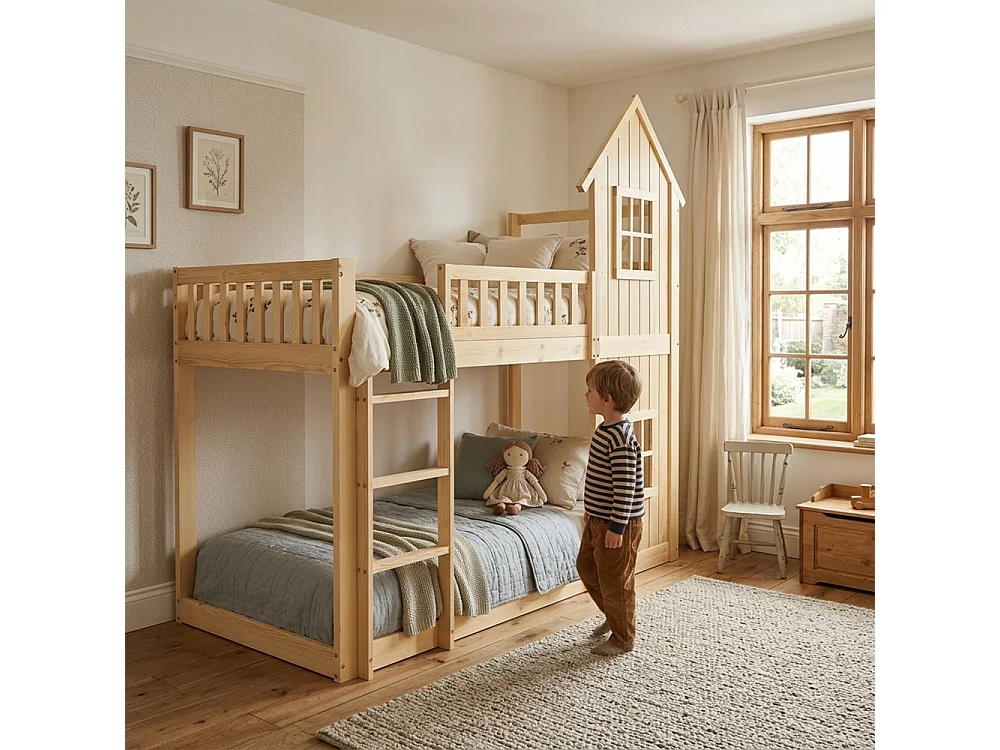 Litera infantil casa 90×200 pino y MDF – diseño lúdico, seguridad total y escalera integrada