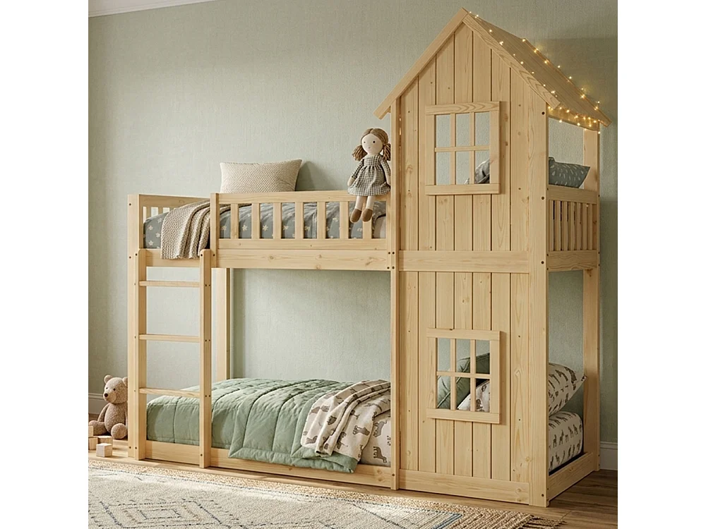 Litera infantil casa 90×200 pino y MDF – diseño lúdico, seguridad total y escalera integrada