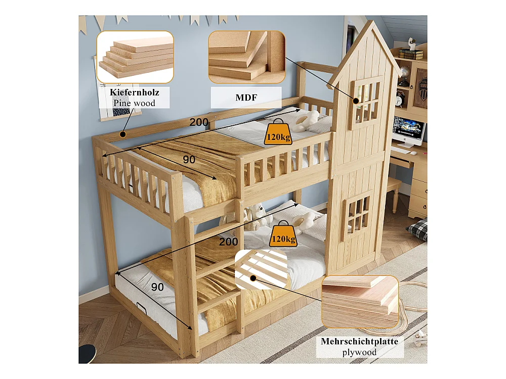 Litera infantil casa 90×200 pino y MDF – diseño lúdico, seguridad total y escalera integrada