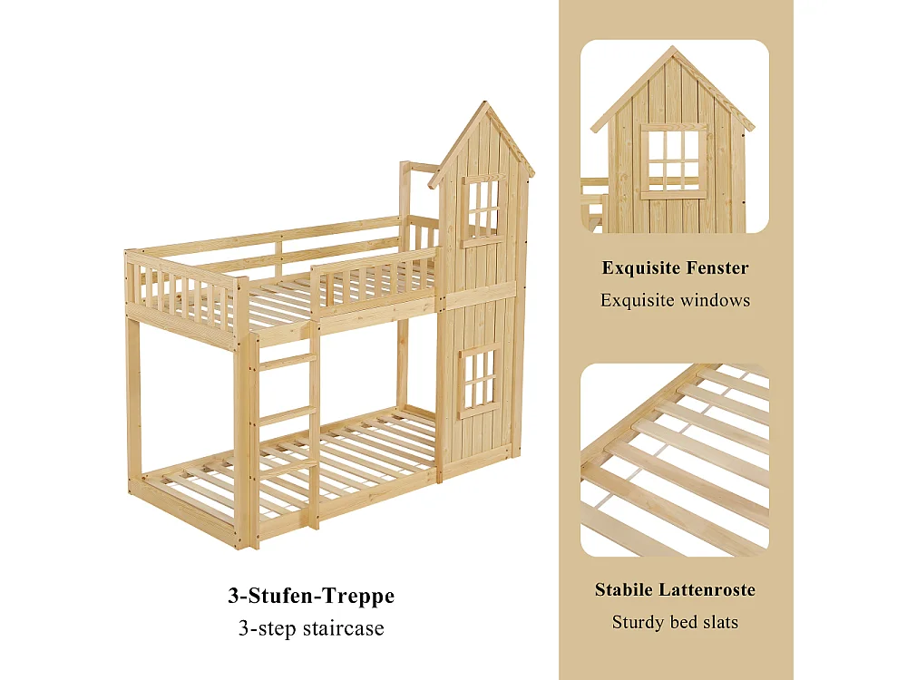Litera infantil casa 90×200 pino y MDF – diseño lúdico, seguridad total y escalera integrada