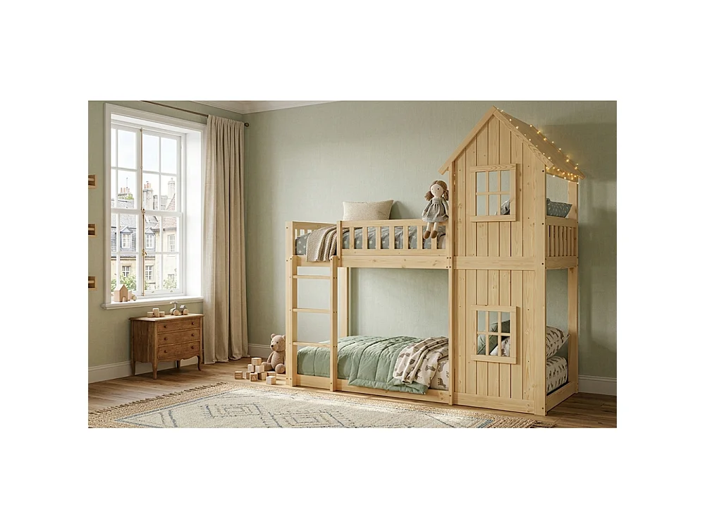 Litera infantil casa 90×200 pino y MDF – diseño lúdico, seguridad total y escalera integrada