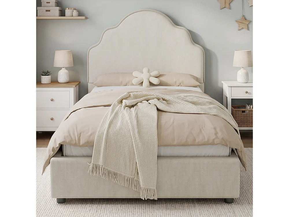 Lit rembourré 90x200 cm pour enfant, lit simple en lin beige avec tête de lit douce et design sécurisé arrondi