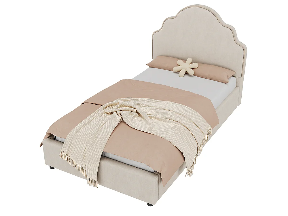 Lit rembourré 90x200 cm pour enfant, lit simple en lin beige avec tête de lit douce et design sécurisé arrondi