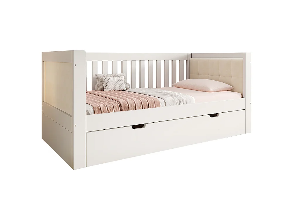 Tagesbett 90x200 avec lit gigogne en bois massif blanc – lit d'appoint gain de place, canapé-lit, 2 personnes, sommier à lattes