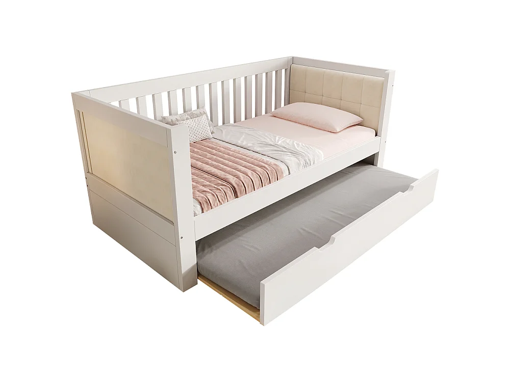 Tagesbett 90x200 avec lit gigogne en bois massif blanc – lit d'appoint gain de place, canapé-lit, 2 personnes, sommier à lattes
