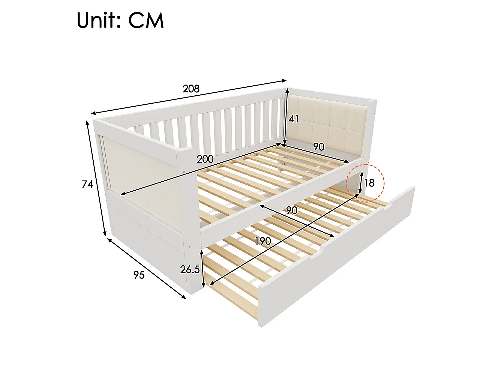 Tagesbett 90x200 avec lit gigogne en bois massif blanc – lit d'appoint gain de place, canapé-lit, 2 personnes, sommier à lattes