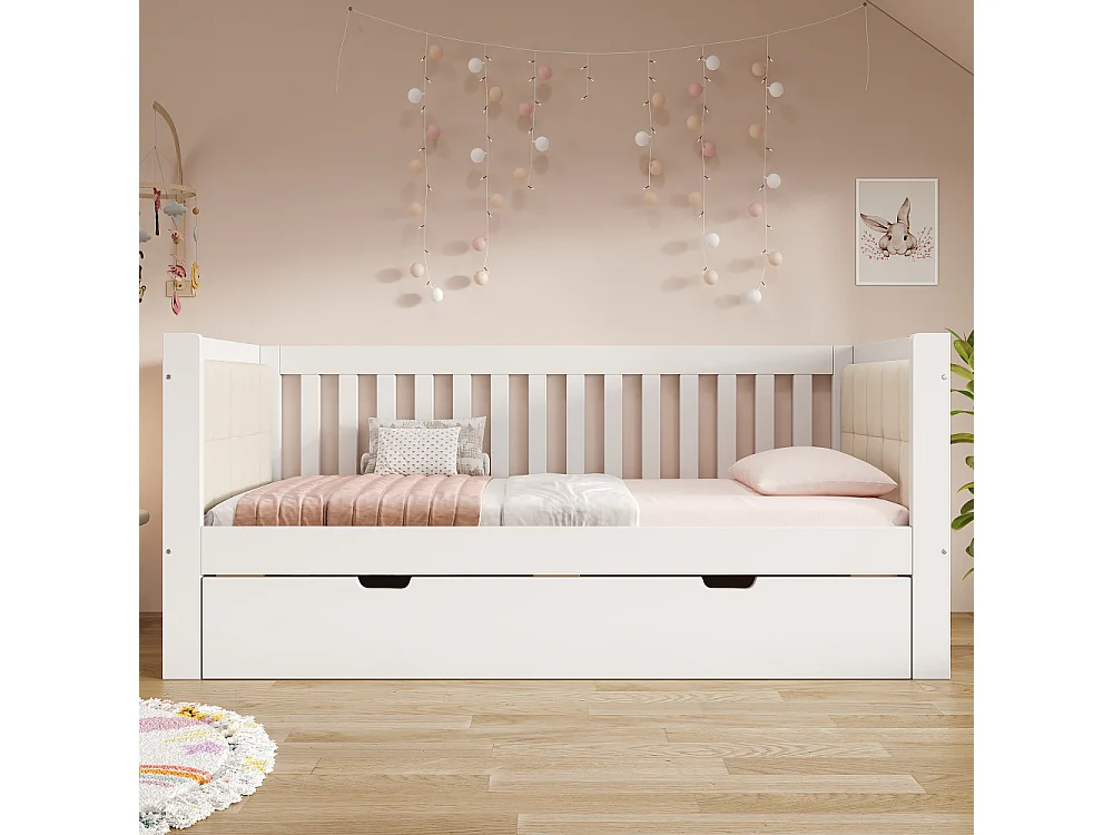 Tagesbett 90x200 avec lit gigogne en bois massif blanc – lit d'appoint gain de place, canapé-lit, 2 personnes, sommier à lattes