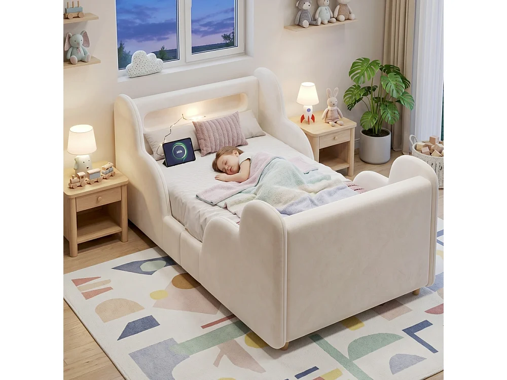 Lit enfant 90×200 cm lit rembourré velours avec barrière de protection, USB et veilleuse, bois massif, Montessori – beige
