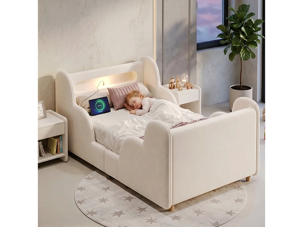 Lit enfant 90×200 cm lit rembourré velours avec barrière de protection, USB et veilleuse, bois massif, Montessori – beige