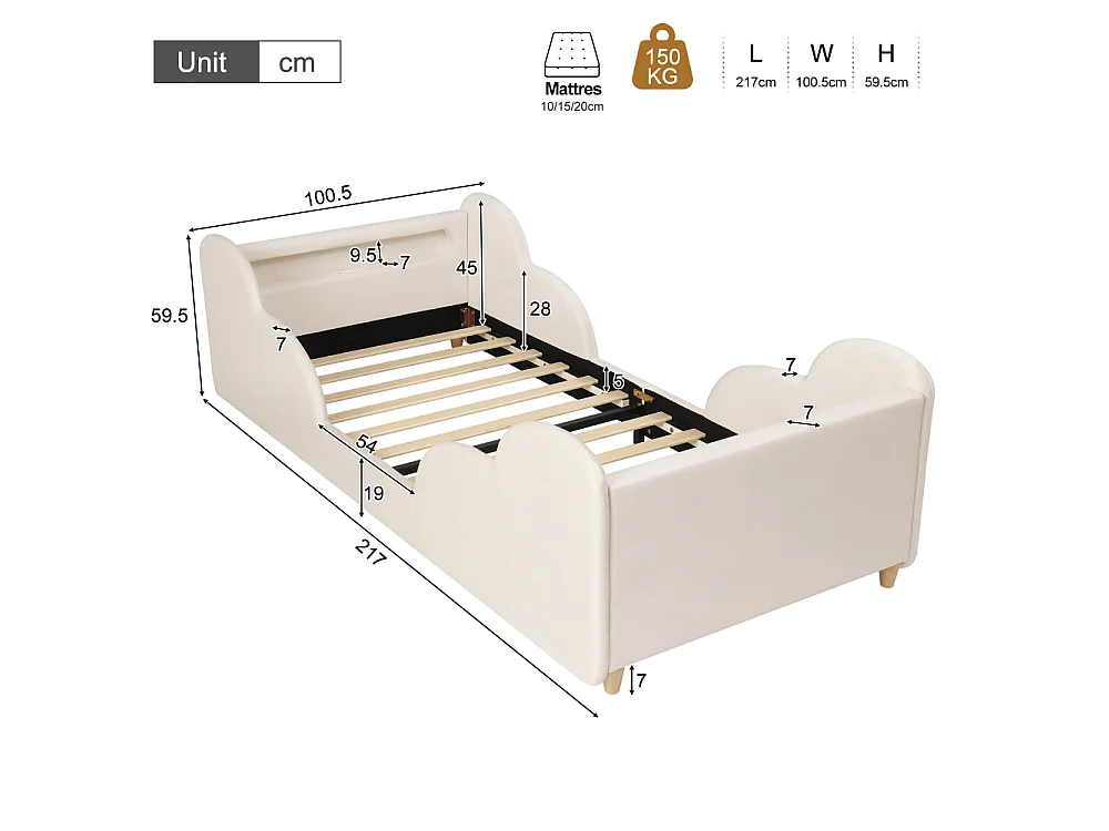 Lit enfant 90×200 cm lit rembourré velours avec barrière de protection, USB et veilleuse, bois massif, Montessori – beige