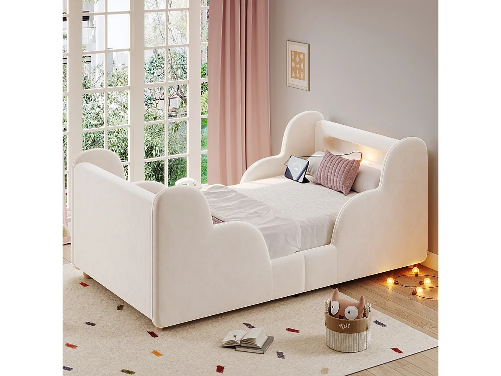Lit enfant 90×200 cm lit rembourré velours avec barrière de protection, USB et veilleuse, bois massif, Montessori – beige