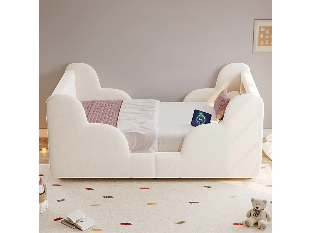 Lit enfant 90×200 cm lit rembourré velours avec barrière de protection, USB et veilleuse, bois massif, Montessori – beige
