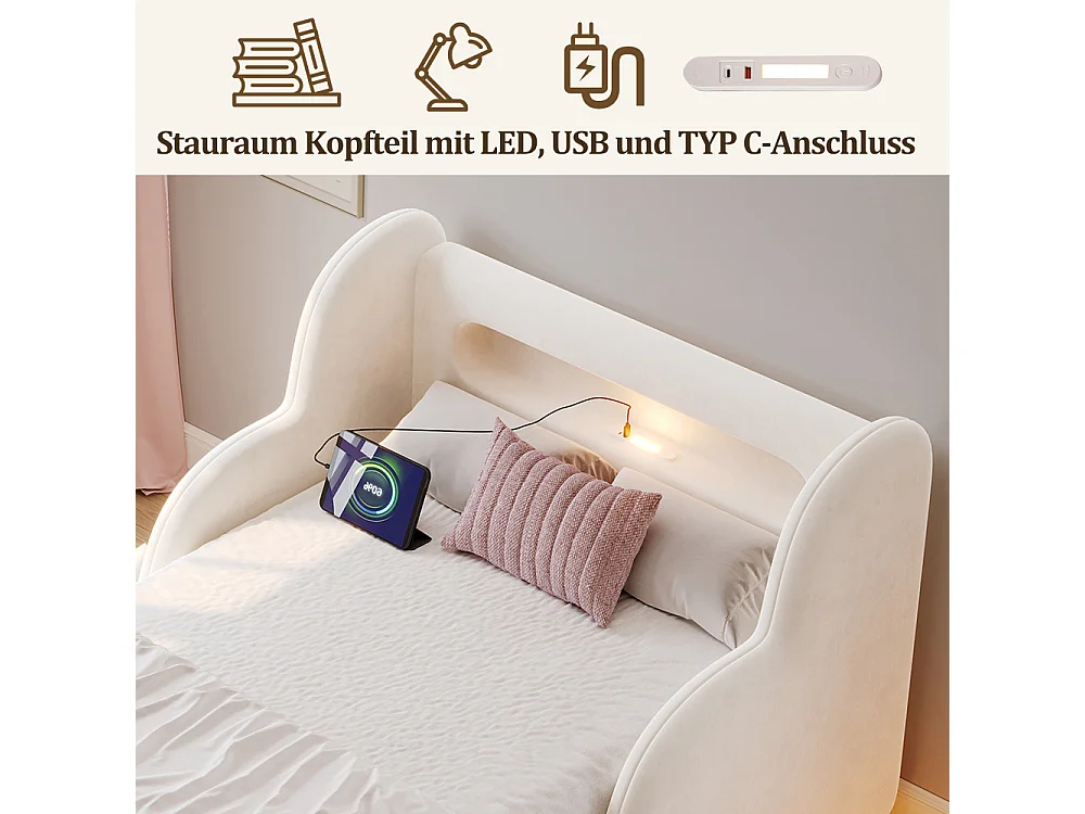 Lit enfant 90×200 cm lit rembourré velours avec barrière de protection, USB et veilleuse, bois massif, Montessori – beige