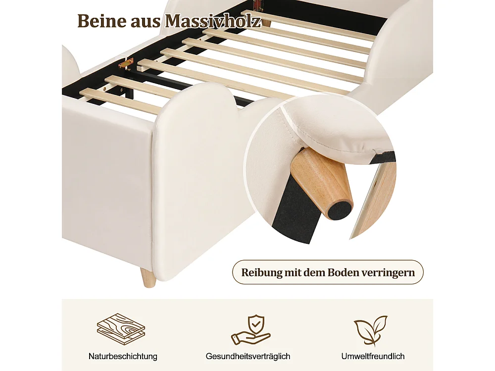 Lit enfant 90×200 cm lit rembourré velours avec barrière de protection, USB et veilleuse, bois massif, Montessori – beige