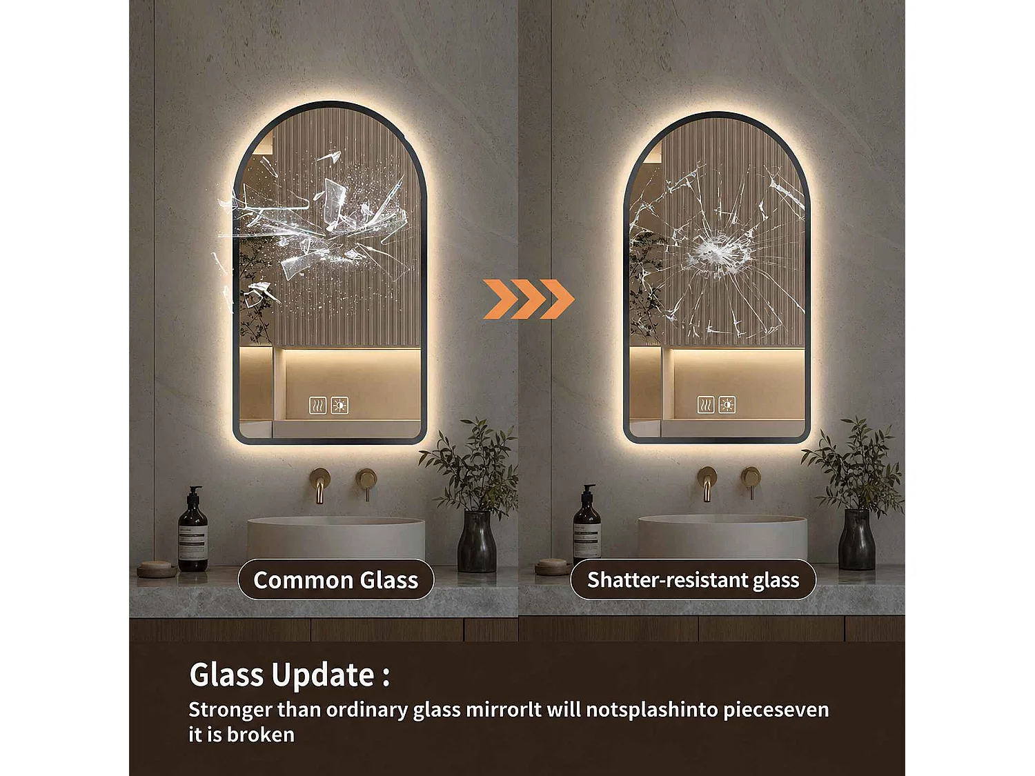 Badkamerspiegel met LED, 40 cm x 60 cm, licht verstelbaar in 3 kleuren en intensiteit, anticondens, boogvorm, aanraakbediening