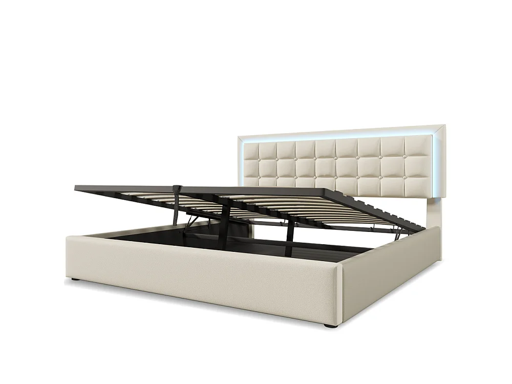 Cama doble tapizada LED con almacenaje, en PU, blanca, hidráulica, colchón 620 muelles, armazón metálico.