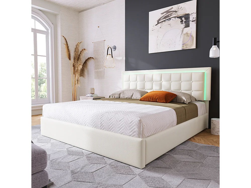 Cama doble tapizada LED con almacenaje, en PU, blanca, hidráulica, colchón 620 muelles, armazón metálico.