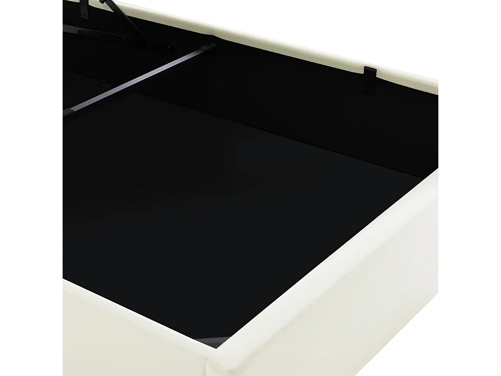 Cama doble tapizada LED con almacenaje, en PU, blanca, hidráulica, colchón 620 muelles, armazón metálico.