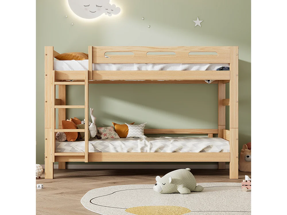 Houten stapelbed 90×200, massief grenen en MDF, stal met ladder en valbeveiliging, ruimtebesparend, robuust wit