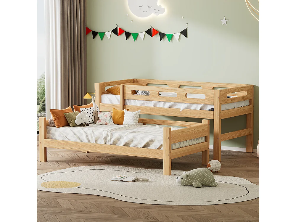 Houten stapelbed 90×200, massief grenen en MDF, stal met ladder en valbeveiliging, ruimtebesparend, robuust wit