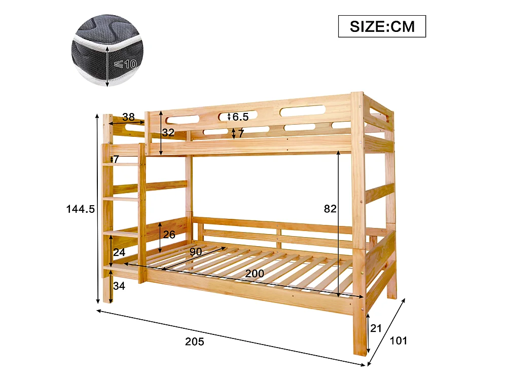 Houten stapelbed 90×200, massief grenen en MDF, stal met ladder en valbeveiliging, ruimtebesparend, robuust wit